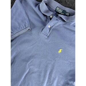VTG Polo Ralph Lauren Blue Custom Fit Polo Shirt Yellow Pony Mens L